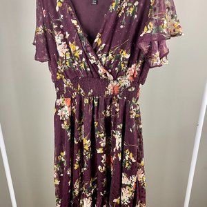 Long Dress Purple Floral Short Sheer Sleeve V Neck Empire Waist Plus Size 18/20